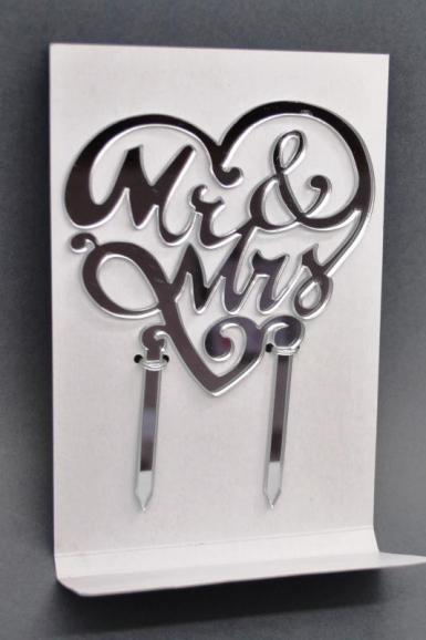 Wedding  Heart Shape Mr and Mrs Cake Topper - Mirror Finish Image 1