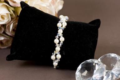 Wedding  Double Pearl and Swarovski Crystal Bracelet Image 1