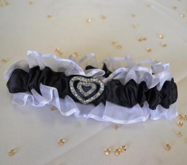 Wedding  Black Ribbon and Diamante Heart Garter Image 1