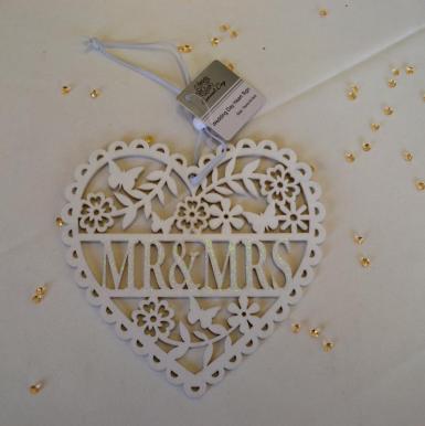 Wedding  Mr and Mrs Hanging Wooden Heart Decoration Image 1