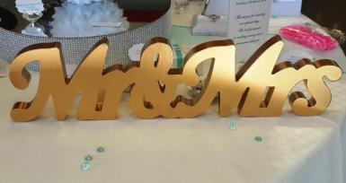 Wedding  Mr and Mrs Gold Freestanding Wooden Table Word Image 1
