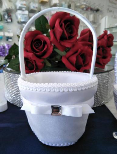 Wedding  Flower Basket - Princess White with Square Plastic Embellishment Image 1