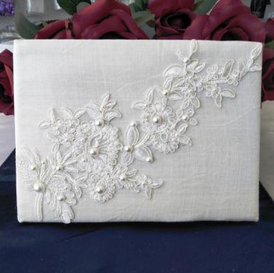 Wedding  Guest Book - Ivory Rustic Linen Look with Lace Image 1