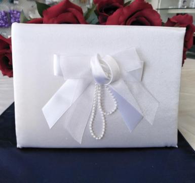 Wedding  Guest book - White Satin Rose Ribbon with Pearls Image 1