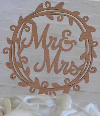 Wedding  Mr and Mrs Wreath Wooden Cake Pick Image 1
