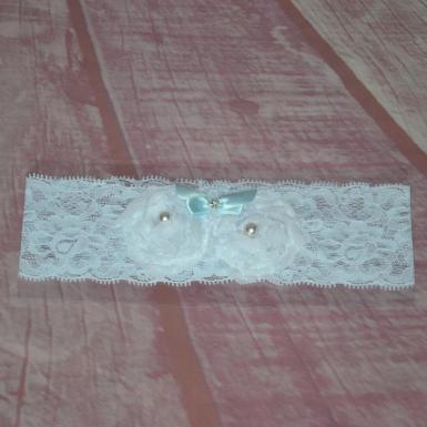 Wedding  White Floral Lace Garter with Blue Ribbon Image 1