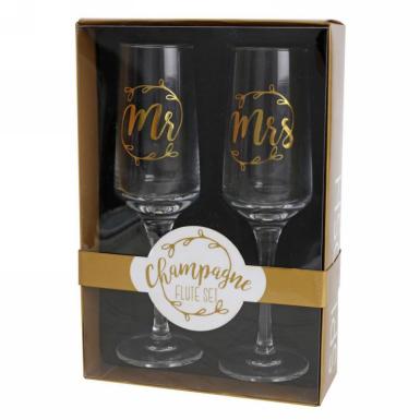 Wedding  Mrs and Mrs Gold Champagne Toasting Glasses Image 1
