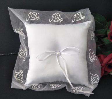 Wedding  Ring Cushion - Embroidered White I-Do Ring Pillow Image 1