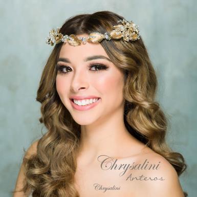 Chrysalini Gold Bridal Crown, Wedding Tiara - ANTEROS ANTEROS Image 1