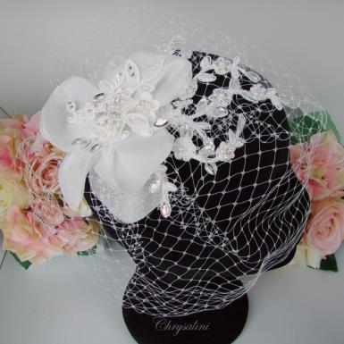Chrysalini Designer Wedding Hairpiece, Deluxe Bridal Fascinator - Flora Flora | Crystal beaded Birdcage Veil   Image 1