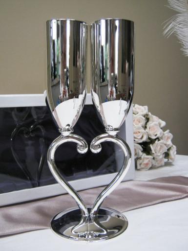 Wedding  Silver Goblets with Interlocking Heart Stems Image 1
