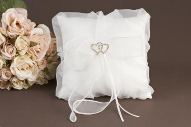 Wedding  Chiffon Ribbon Ring Pillow with Double Hearts - Ivory and White Image 1