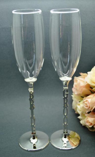 Wedding  Bride and Groom Stem Champagne Glasses Image 1