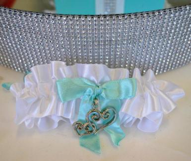 Wedding  White Garter with Aqua Blue Bow Silver Sweetheart Image 1