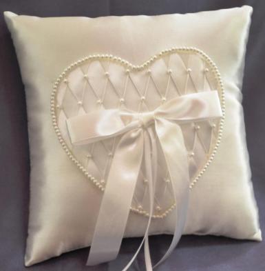 Wedding  Ring Cushion - Ivory with Pearl Heart Image 1
