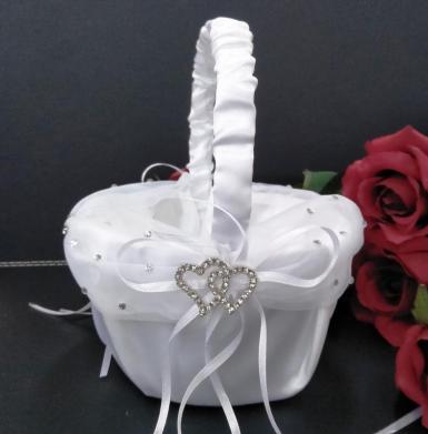 Wedding  Satin and Chiffon Basket with Diamante Hearts - White or Ivory Image 1