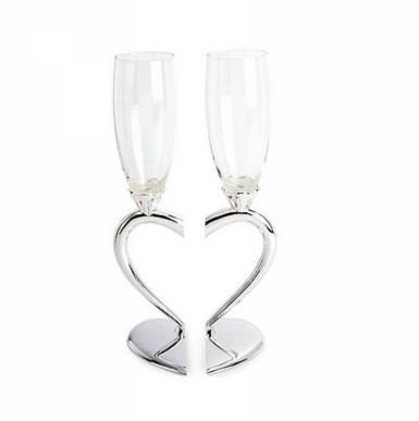 Wedding  Toasting flutes with Interlocking Silver Heart Stems Image 1