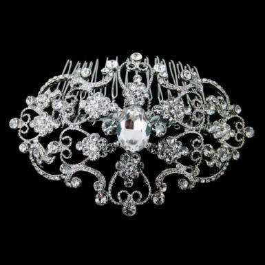 Chrysalini Large Oval Diamante Side Comb - Silver C5121s Image 1