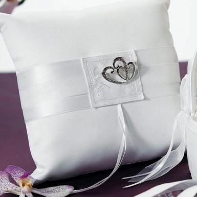 Wedding  Classic Double Heart Square Ring Pillow White Image 1