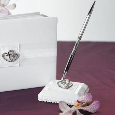 Wedding  Classic Double Heart Satin Wrapped Pen Set White Image 1