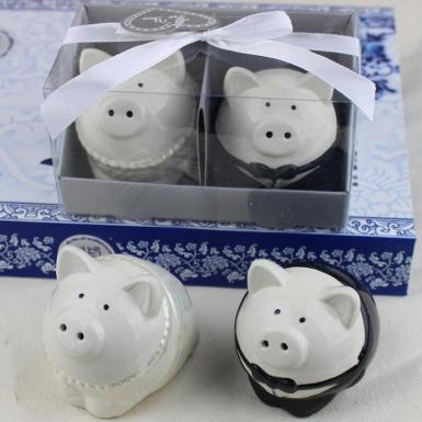 Wedding  Bride & Groom Porcelain Pig Salt and Pepper Shakers Image 1
