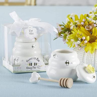 Wedding  Meant to Bee Ceramic Honey Pot with Wooden Dipper Image 1