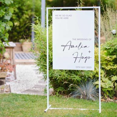 Wedding  White Metal Entrance Sign Stand, Hanging Easel Image 1