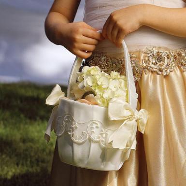 Wedding  Flower Girl Basket with Embroidered Sheer Trim & Bows Image 1