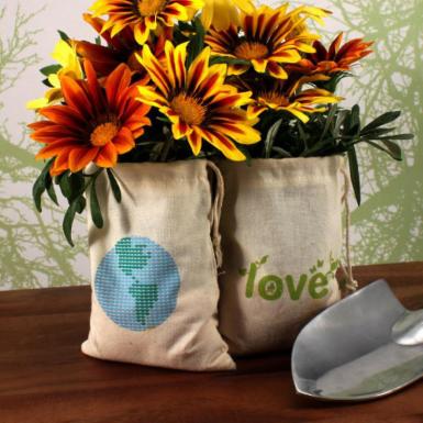 Wedding  ECO Mini Drawstring Bag made of 100% Organic Cotton Green LOVE Print Image 1