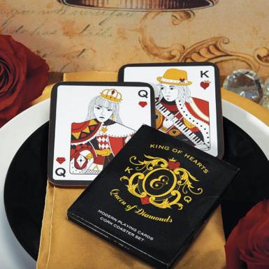 Wedding  King of Hearts Queen of Diamonds Cork Coaster Set In Gift Packaging Image 1
