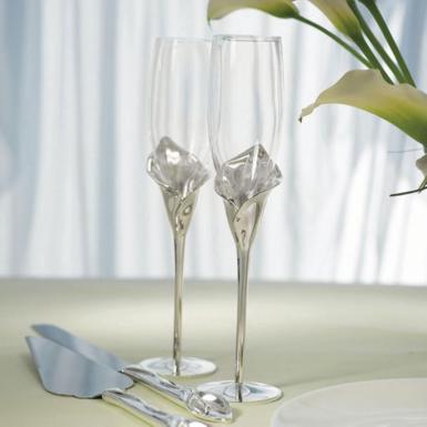 Wedding  Calla Lily Toasting Flutes with Silver Plated Stem and Glass Flute Image 1