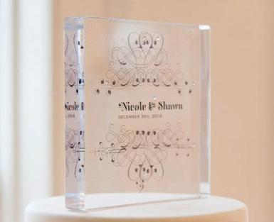 Wedding  Fanciful Monogram Personalized Clear Acrylic Block Cake Topper Image 1