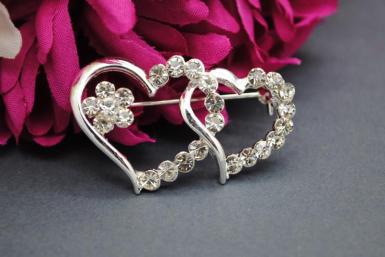 Wedding  Silver Double Heart Diamante Brooch Image 1