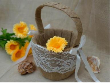 Wedding  Rustic Jute and Lace Flower Girl Basket Image 1